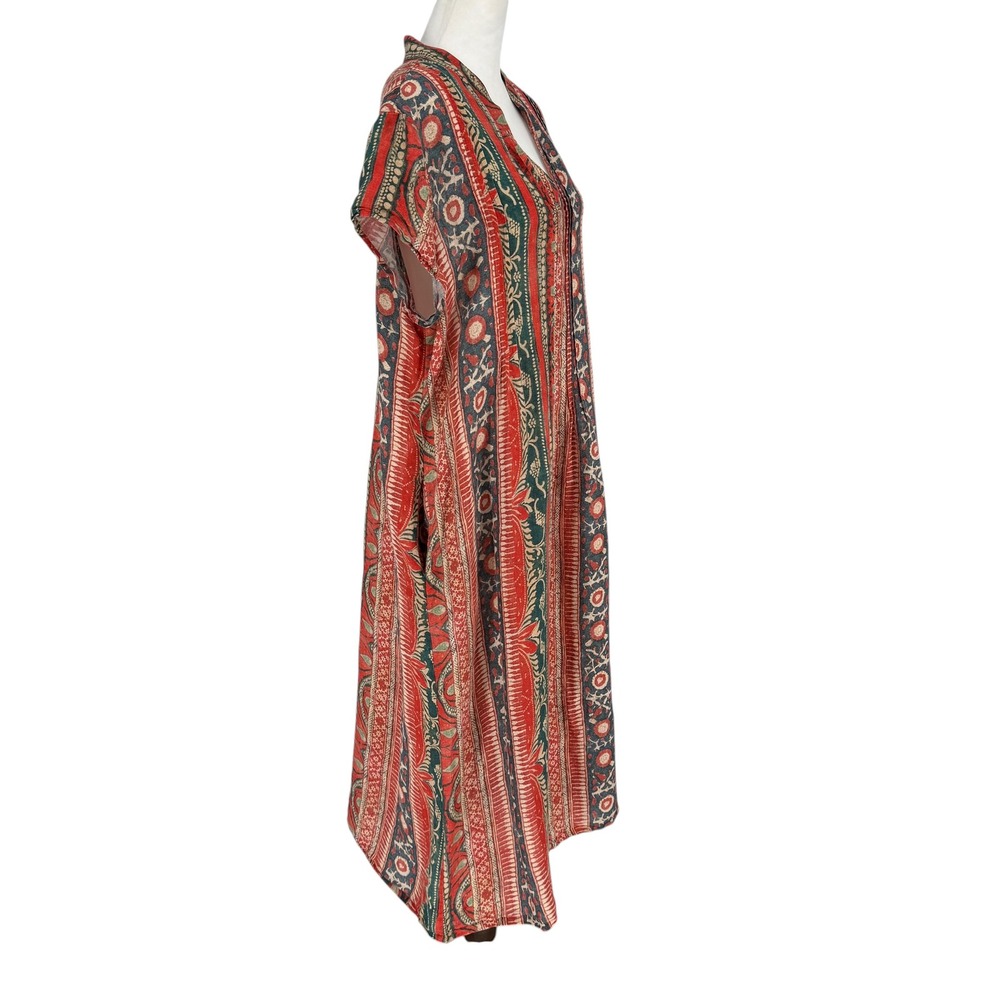 Peruvian Connection Block Print 100% Linen Maxi Caftan Long Dress XL Pockets - Picture 4 of 8